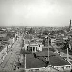 View from a church steeple taken around the turn of the 20th century.  Note civic, religious, commercial, and residential buildings within walking distance of each other.